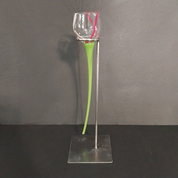 Hand Blown Glass Long Stem Flower Inspired Decor With Stand - Picture 1 of 6